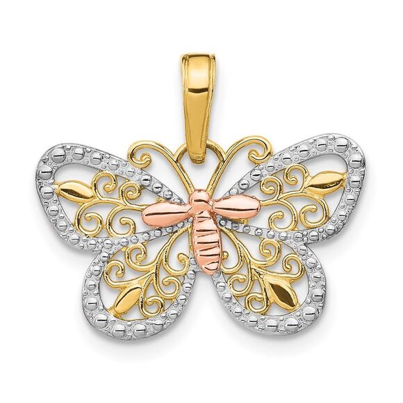 14k Yellow Gold Two-tone w/White Rhodium Diamond-cut Butterfly Pendant